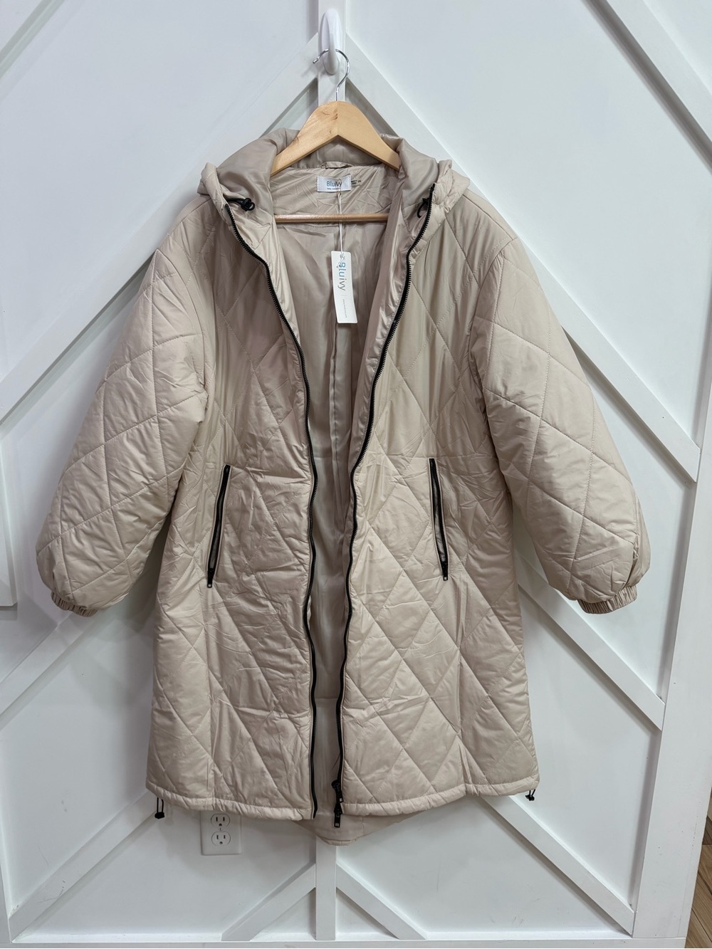 Bluivy Light Beige Quilted Hooded Long Puffer Coat